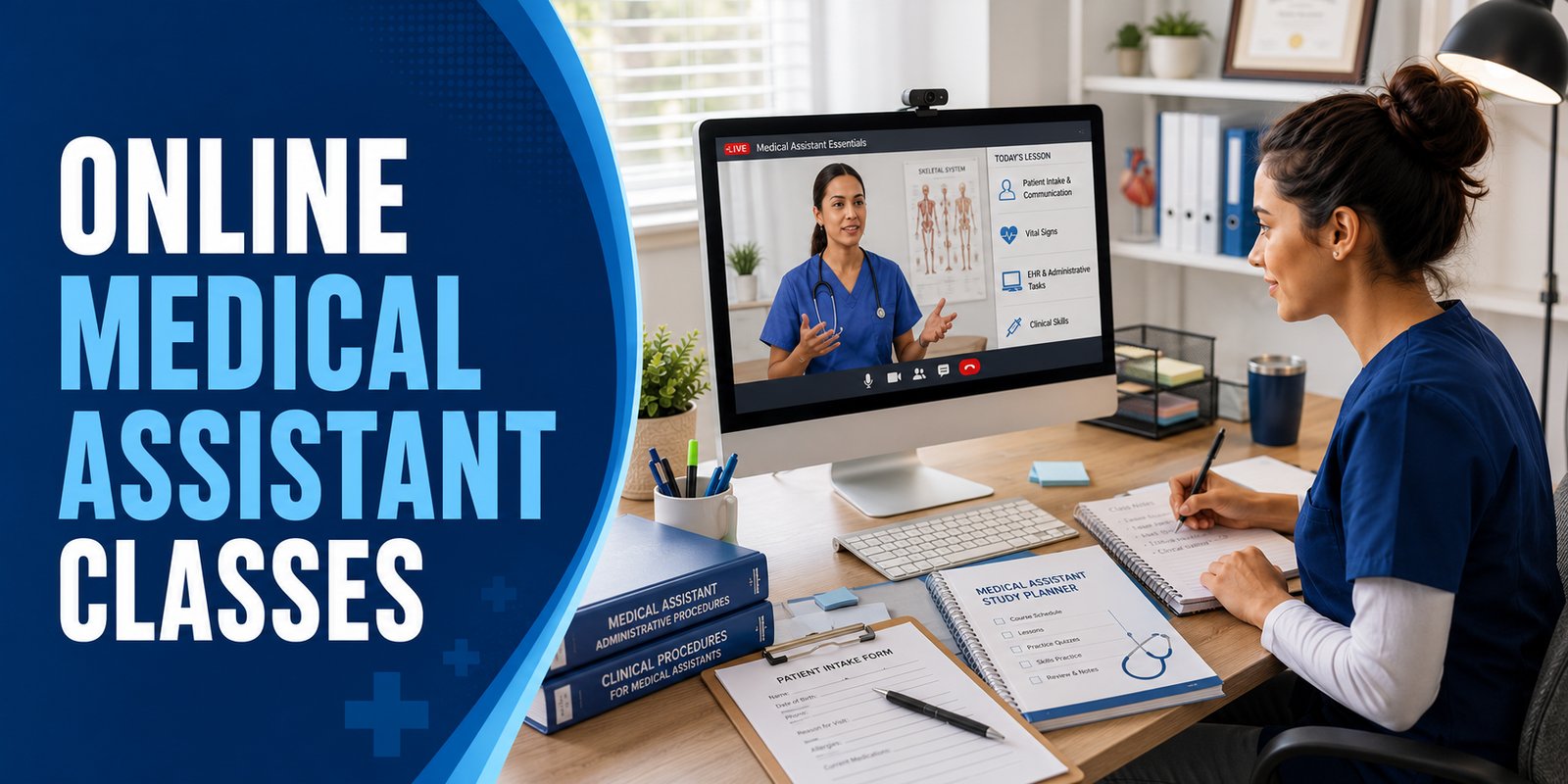 At a home desk, a student in navy scrubs takes notes as a monitor streams a live class where an instructor teaches beside a lesson list: patient intake, vital signs, EHR tasks, and clinical skills, with the text Online Medical Assistant Classes.