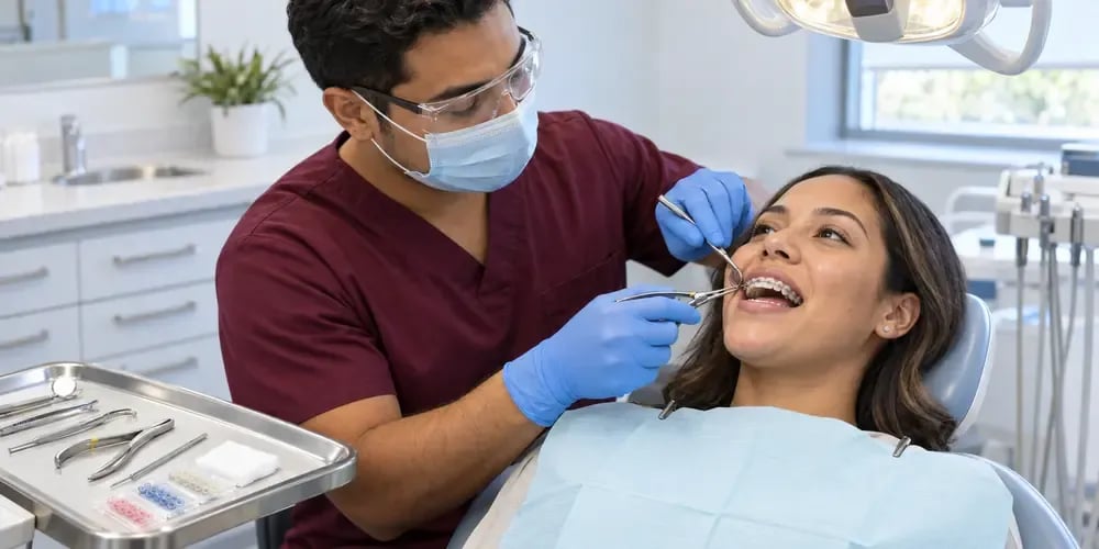 Behind a tray of orthodontic pliers and colored elastics, a male orthodontic assistant in maroon scrubs adjusts the braces on a reclined patient's upper teeth.