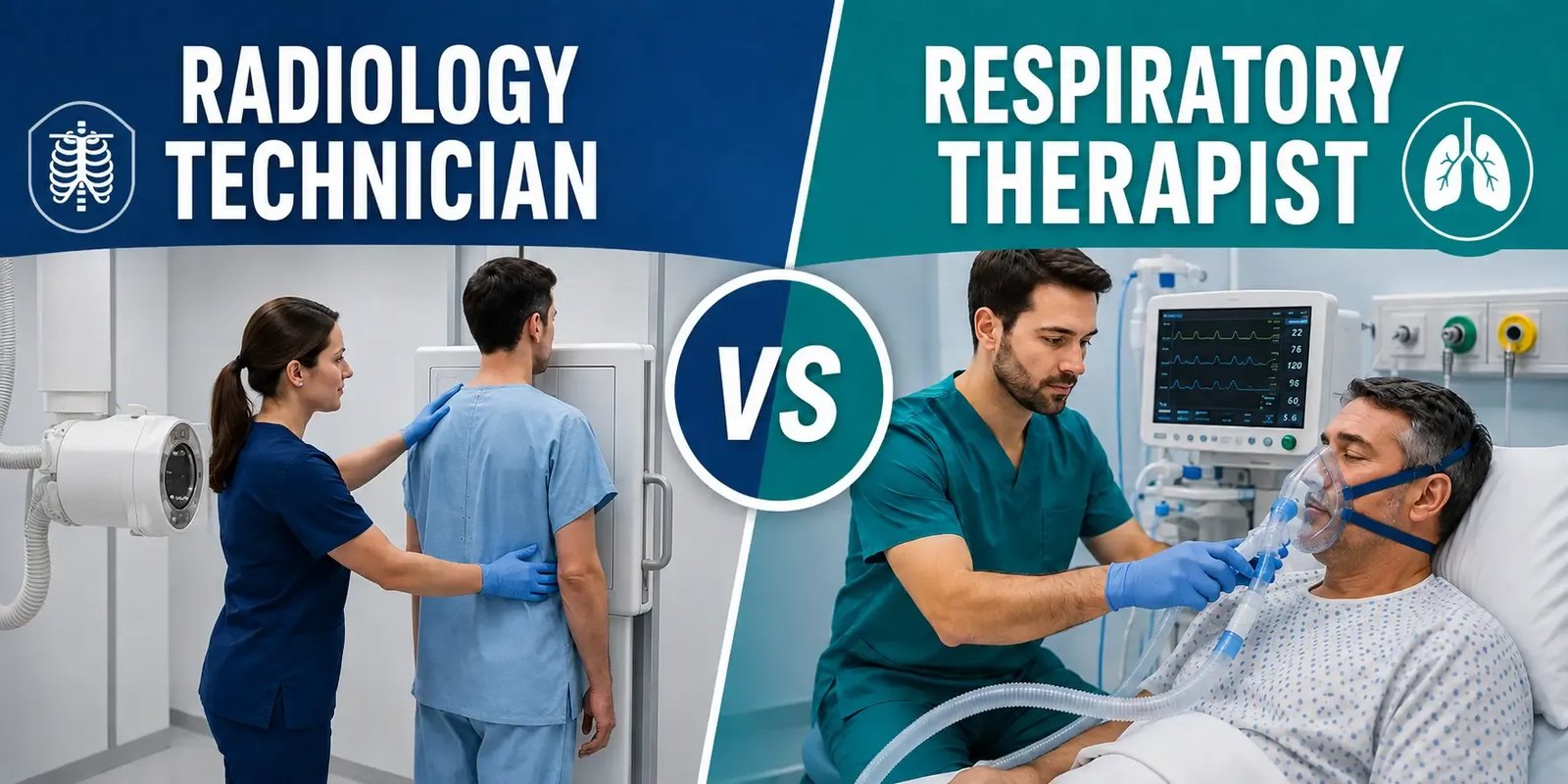Radiology technician positioning a patient for a chest X-ray beside a respiratory therapist assisting a patient with a non-invasive ventilation mask.