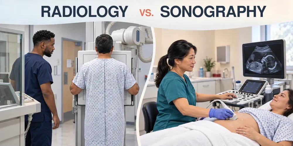 A split comparison headed Radiology vs. Sonography: a radiographer positions a patient at an X-ray machine, while a sonographer scans a pregnant woman, a fetal image on the monitor.