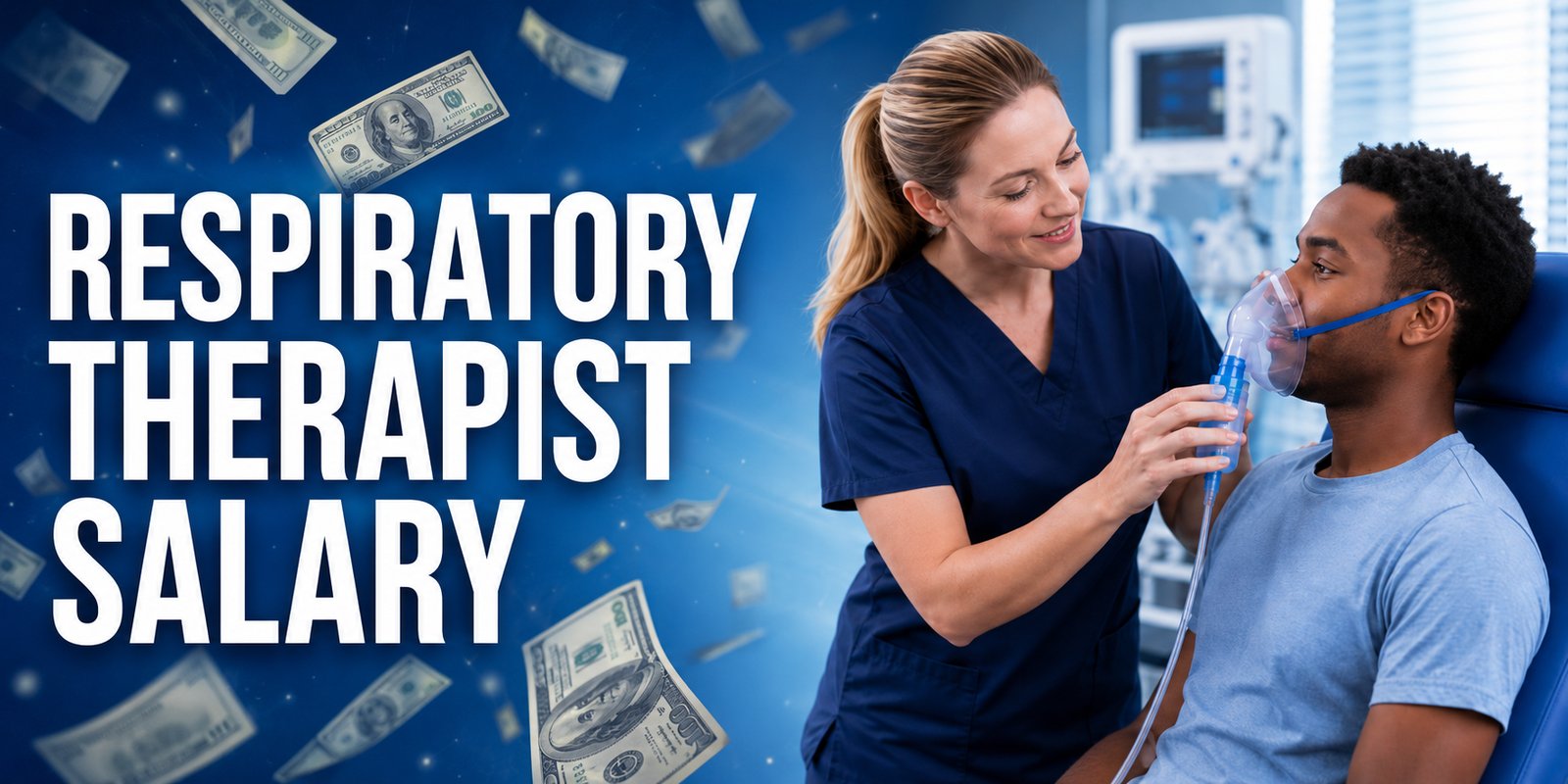 A respiratory therapist in scrubs fits an oxygen mask on a patient as dollar bills float nearby, with the text Respiratory Therapist Salary.