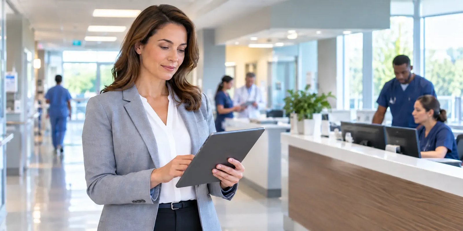 A businesswoman in a gray blazer uses a tablet in a busy hospital lobby, staff at a reception desk behind her.