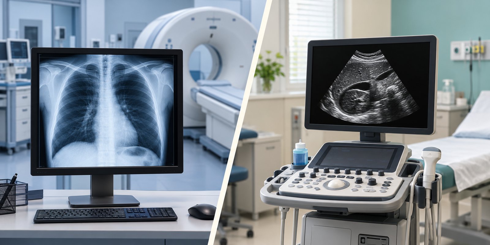 A split image comparing radiology and sonography equipment: a chest X-ray on a monitor by a CT scanner, and an ultrasound machine showing a fetal scan.