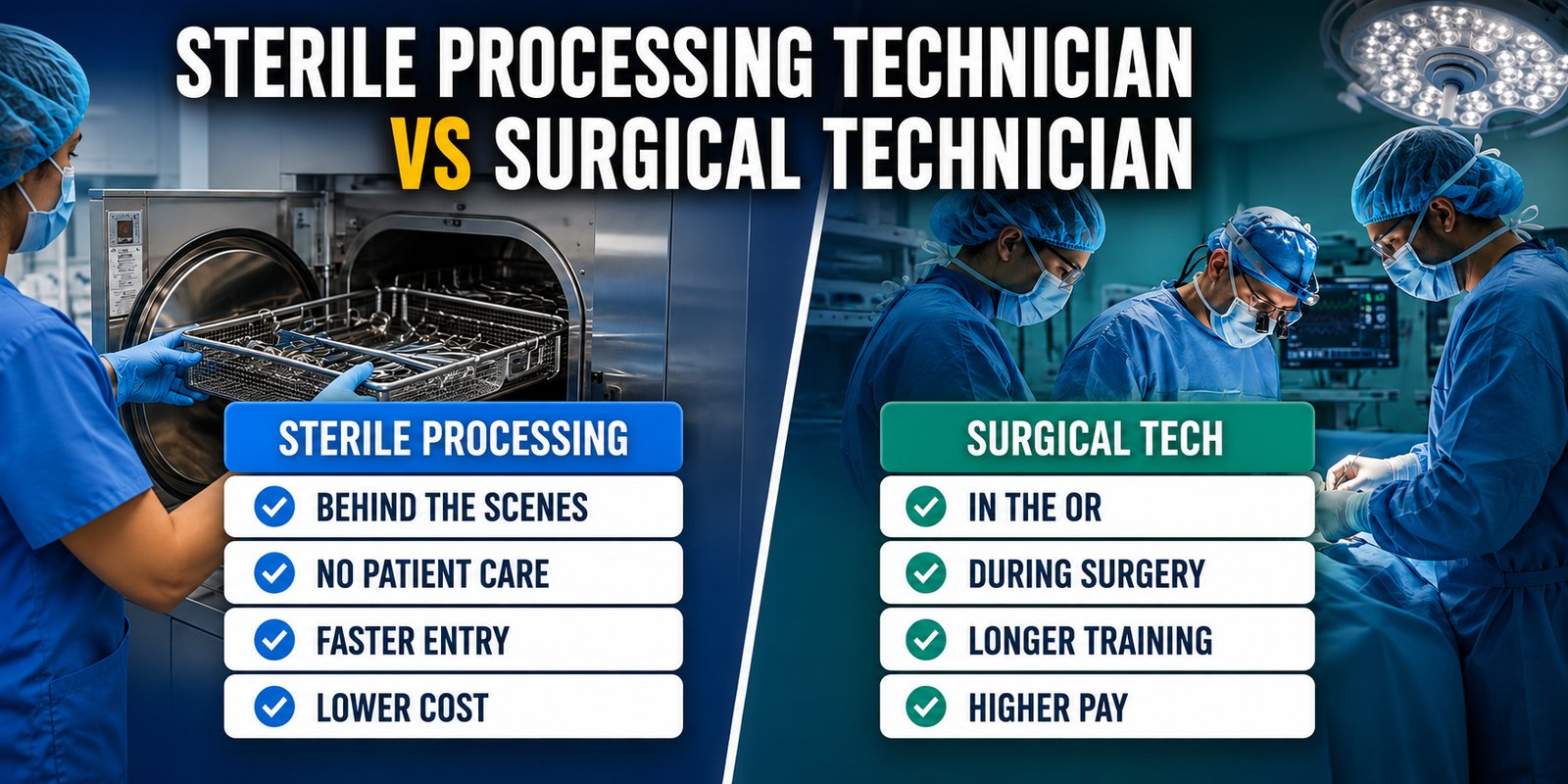 On one side a sterile processing tech loads an autoclave, on the other surgical techs work in an operating room, headlined Sterile Processing Technician vs Surgical Technician.