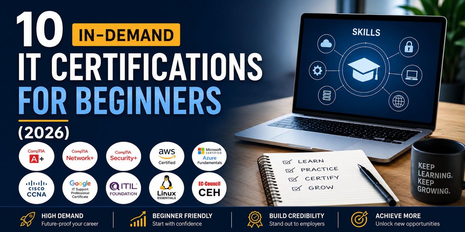 10 In-Demand IT Certifications for Beginners banner with laptop, checklist, and badges for IT credentials.