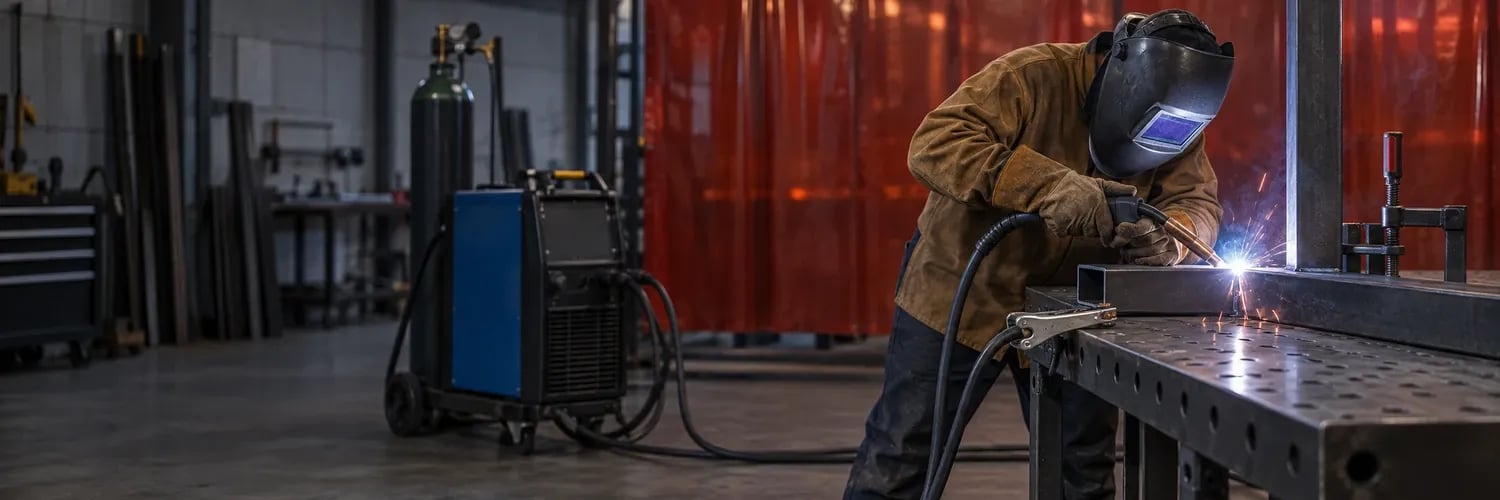 Welder wearing a helmet, leather gloves, and a protective jacket welding a steel joint at a workbench in a fabrication shop