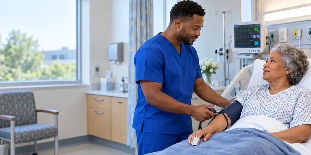A male vocational nurse in blue scrubs takes an older woman's blood pressure, a vitals monitor beside her hospital bed.
