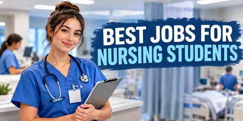 A nursing student in blue scrubs holds a clipboard in a hospital, with the text Best Jobs for Nursing Students.