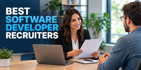 A software recruiter interviews a developer across a desk, reviewing his resume beside a laptop, with the text Best Software Developer Recruiters.