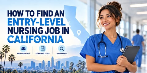 A smiling woman in blue scrubs holds a tablet in a hospital corridor, with the text How to Find an Entry-Level Nursing Job in California and labels: new grad tips, licensing steps, and job search.