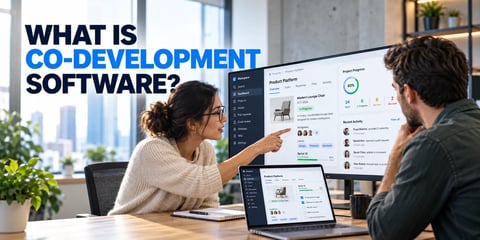 A woman points at a monitor showing a shared project workspace with sprint tasks and a team activity feed as a colleague looks on, with the text What Is Co-Development Software?