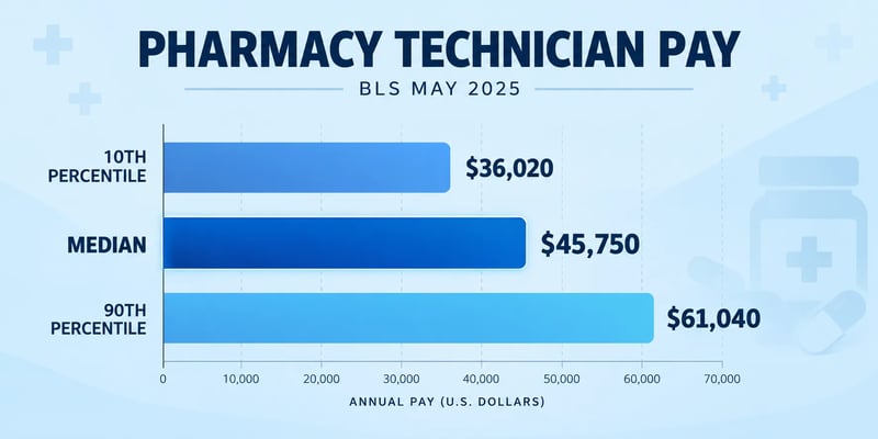 Pharmacy technician annual pay chart showing $36,020 at the 10th percentile, $45,750 median pay, and $61,040 at the 90th percentile.