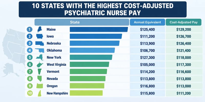 A chart ranking 10 states with the highest cost-adjusted psychiatric nurse pay, led by Maine, Iowa, and Nebraska.