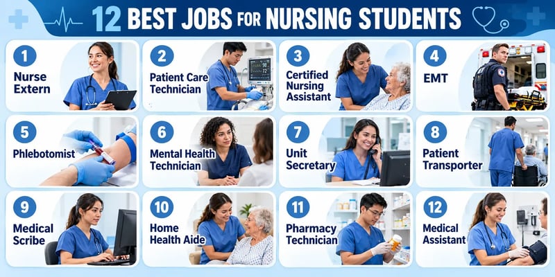 A 12 Best Jobs for Nursing Students graphic showing nurse extern, patient care technician, CNA, EMT, phlebotomist, mental health technician, unit secretary, patient transporter, medical scribe, home health aide, pharmacy technician, and medical assistant roles.