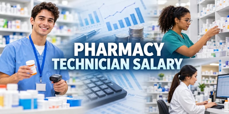 Pharmacy technician salary graphic showing pharmacy staff, medications, financial charts, and coins in a retail pharmacy setting.