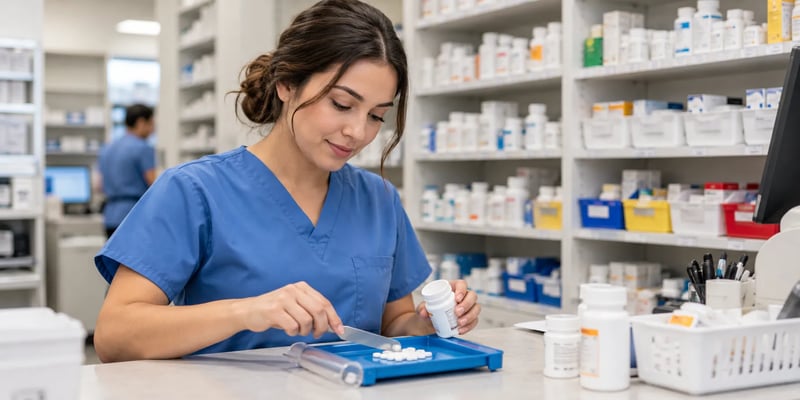 Pharmacy technician in blue scrubs counting tablets and preparing medication at a pharmacy counter.