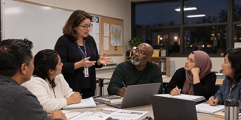 Adult education instructor leading an evening classroom discussion with adult learners using notebooks and laptops.