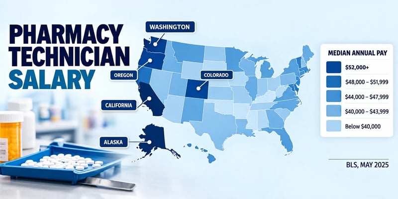 U.S. map of pharmacy technician median annual salary by state, with Washington, Oregon, California, Alaska, and Colorado highlighted among higher-paying states.
