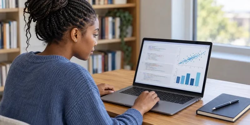 A woman in a blue sweater works at a laptop showing code and data charts, a bookshelf behind her.