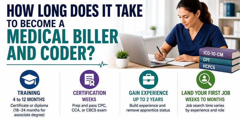 Four-phase timeline answering how long it takes to become a medical biller and coder, with stage durations explained below.