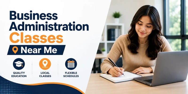 Student taking business administration classes with a laptop and notebook beside icons for education, local classes, and flexible schedules.