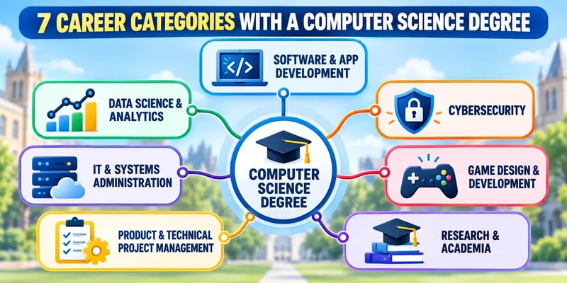 A hub-and-spoke diagram headed 7 Career Categories With a Computer Science Degree: software and app development, data science and analytics, cybersecurity, IT and systems administration, game design and development, product and technical project management, and research and academia.