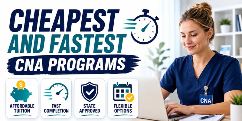 Typing on a laptop at a bright desk, a female CNA in navy scrubs smiles, with Cheapest and Fastest CNA Programs text and icons for affordable tuition, fast completion, state approved, and flexible options.