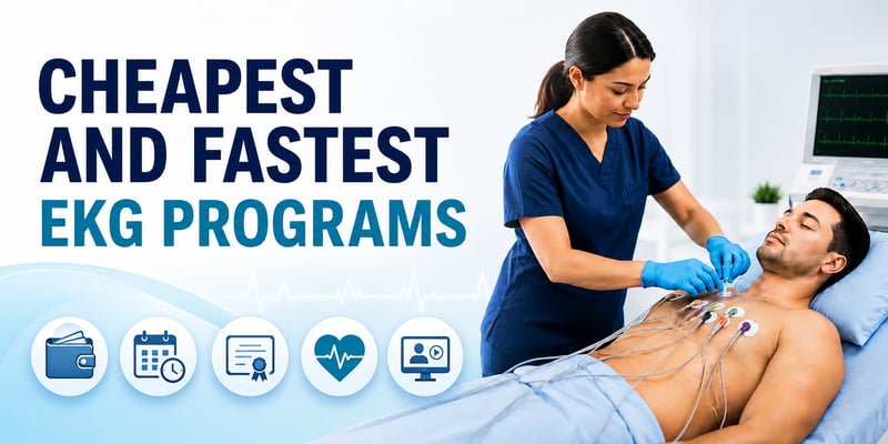 EKG technician at work alongside the title for a guide to the cheapest and fastest EKG programs.