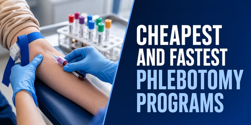 Gloved hands draw blood from a tourniqueted arm into a tube beside a rack of colored tubes, with the text Cheapest and Fastest Phlebotomy Programs.
