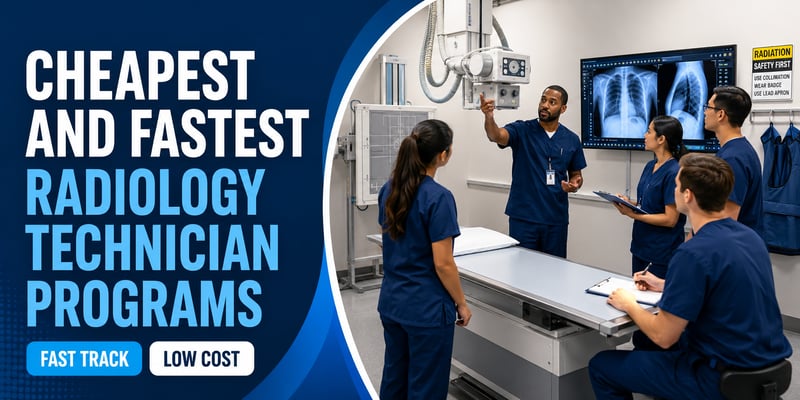 An instructor points at an X-ray tube as radiology technician students in scrubs watch and take notes, with the text Cheapest and Fastest Radiology Technician Programs and labels Fast Track and Low Cost.