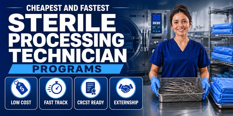 A gloved tech holds a surgical instrument tray beside Low Cost, Fast Track, CRCST Ready, and Externship icons, with the text Cheapest and Fastest Sterile Processing Technician Programs.