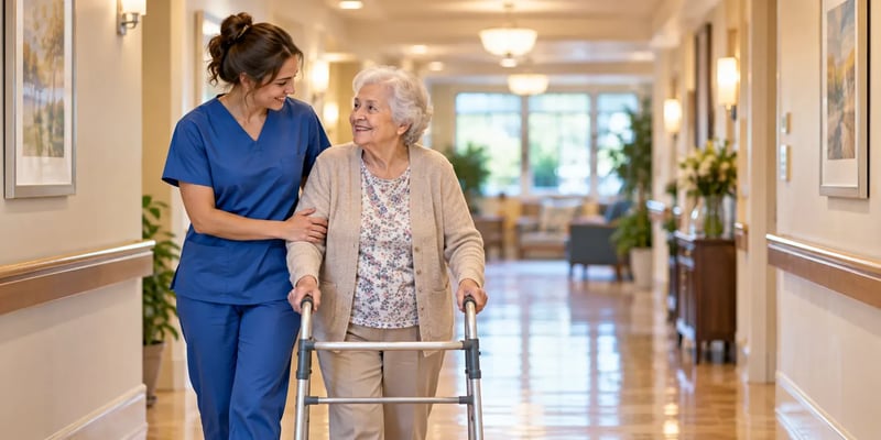 A certified nursing assistant helps an older resident walk with a walker down a nursing home hallway.