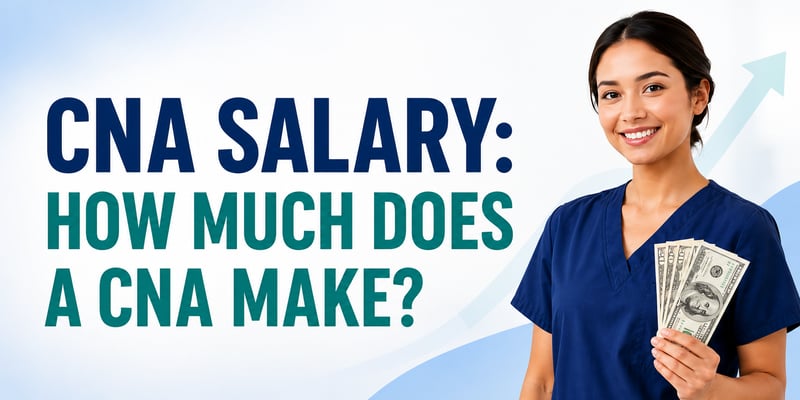 Healthcare worker in navy scrubs holds cash with a rising growth arrow, introducing the topic CNA Salary: How Much Does a CNA Make?.