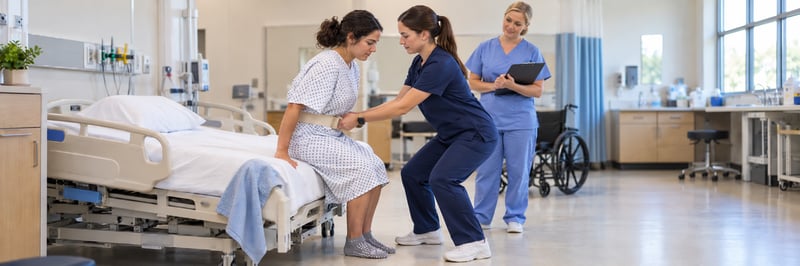 CNA student practicing a safe patient transfer during clinical skills training
