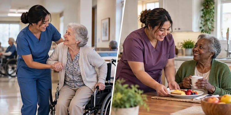 A CNA helps an older adult transfer from a wheelchair in a care facility while a home health aide serves a meal to an older adult at home.