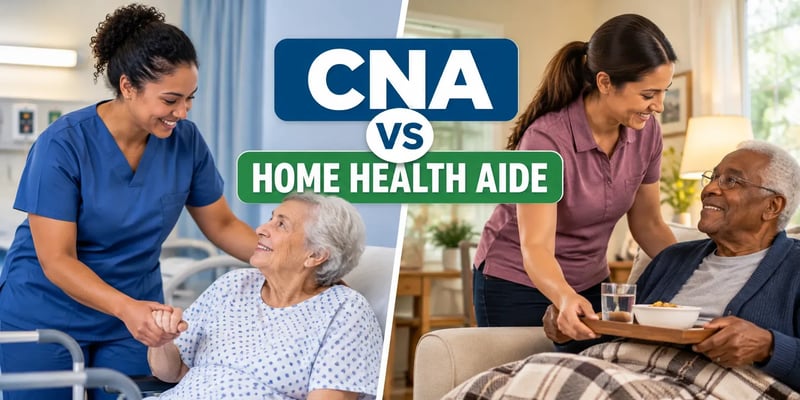 A split image comparing a CNA assisting an older patient in a care facility with a home health aide helping an older adult with a meal at home, with the text CNA vs Home Health Aide.