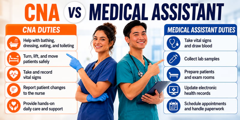 Duties comparison: a CNA gives hands-on patient care while a medical assistant handles clinical and office tasks, headlined CNA vs Medical Assistant.