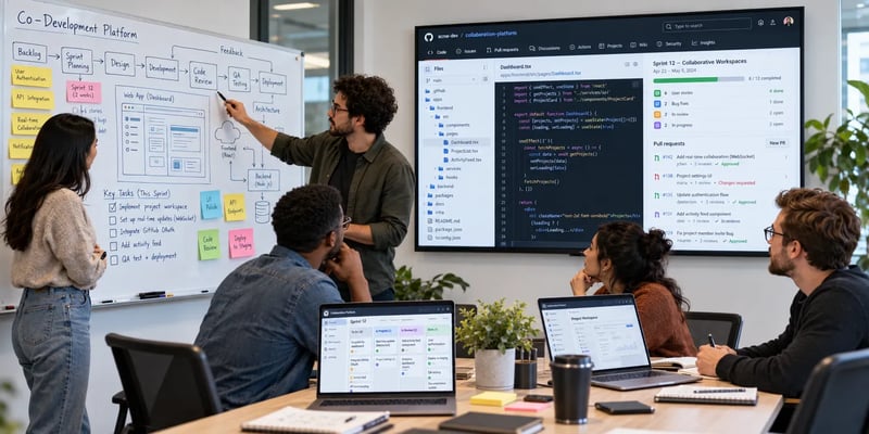 At a whiteboard headed Co-Development Platform, a man traces a flow from backlog to deployment while four colleagues watch, a code repository with open pull requests on the screen beside him.