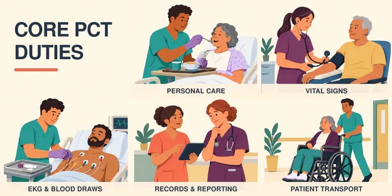 Five core PCT duties: personal care, vital signs, EKG and blood draws, records and reporting, and patient transport.