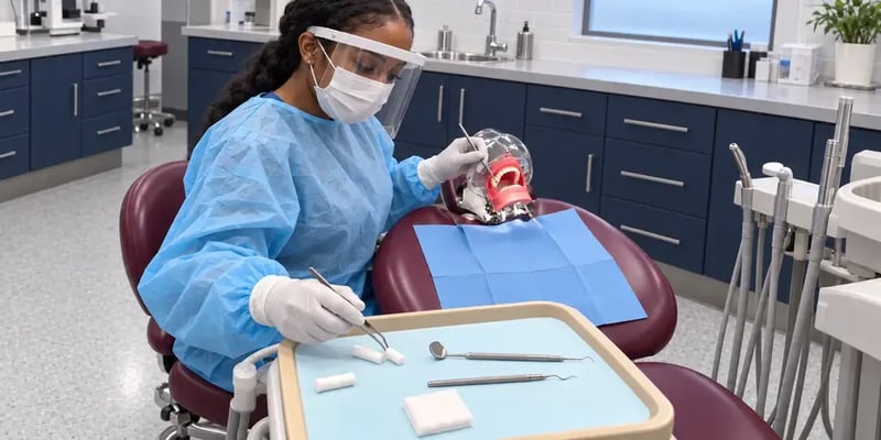 In a training lab, a student in a gown and face shield practices on a manikin head in the chair, cotton rolls and instruments laid out on her tray.