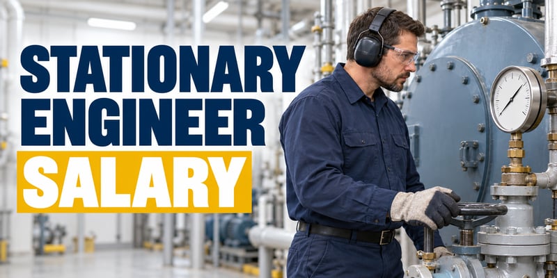 A stationary engineer wearing safety glasses, hearing protection and gloves checks a pressure gauge on a boiler in a mechanical room