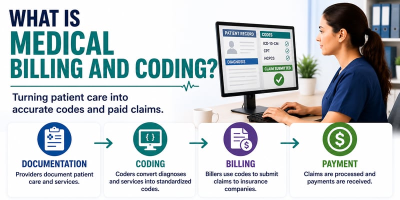 Workflow diagram defining medical billing and coding as a four-stage process from documentation to payment, detailed below.