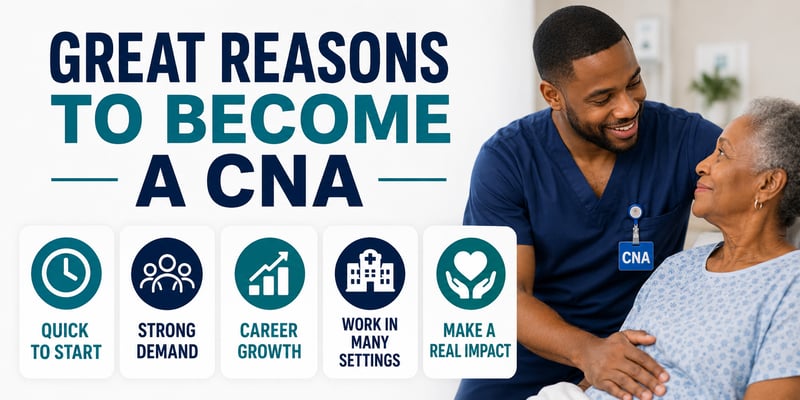 Some reasons to become a CNA: quick start, strong demand, career growth, varied settings, real impact.
