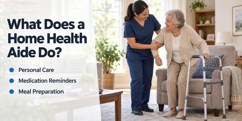 A home health aide helps an older client stand from an armchair in a sunlit living room, with a walker within reach.