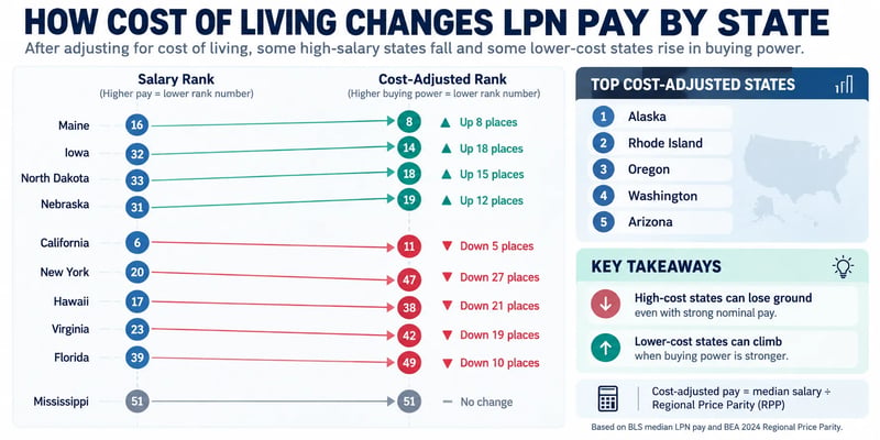 A chart showing how LPN salary rankings change after adjusting for cost of living, with Alaska, Rhode Island, Oregon, Washington, and Arizona ranking highest for buying power.