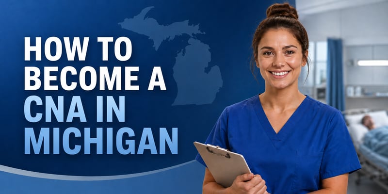 A faint Michigan outline behind a smiling woman in blue scrubs with a clipboard in a hospital room, with the text How to Become a CNA in Michigan.