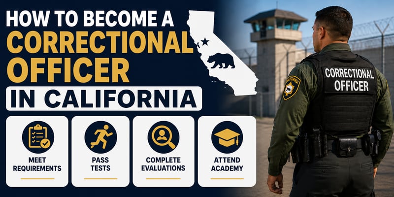 Four-step path to becoming a correctional officer in California: meet requirements, pass tests, complete evaluations, attend academy.