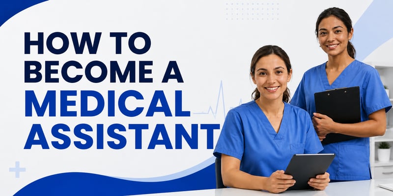 Two smiling women in blue scrubs, one seated with a tablet and one standing with a clipboard, with the text How to Become a Medical Assistant.