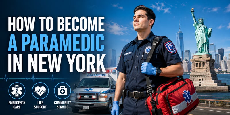 A paramedic holds a red EMS bag by an ambulance, with the text How to Become a Paramedic in New York and icons for Emergency Care, Life Support, and Community Service.