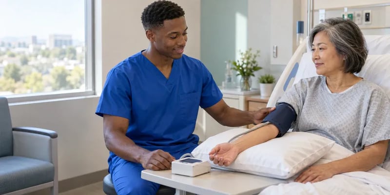 A male patient care technician in blue scrubs checks an older patient's blood pressure at her hospital bedside.